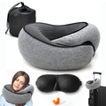 Perna de Calatorie pentru Gat, pentru Avion si Masina, din Spuma cu Memorie, Alunga Durerea Cervicala, Marime Ajustabila, 3 accesorii incluse, Sac de transport impermeabil, Dopuri de urechi, Masca de dormit, Velur/Bumbac