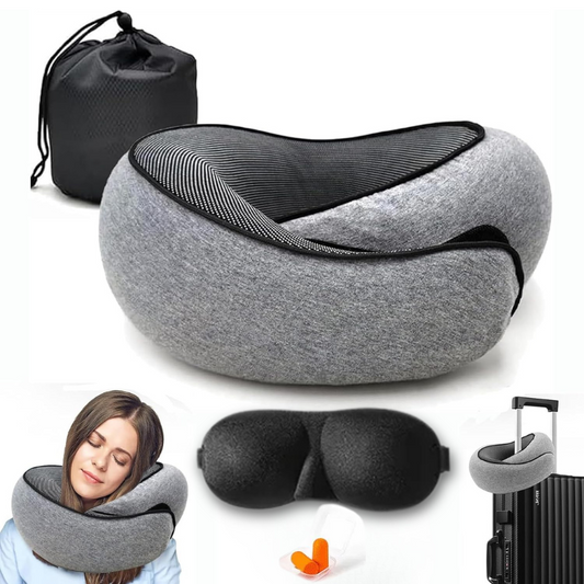 Perna de Calatorie pentru Gat, pentru Avion si Masina, din Spuma cu Memorie, Alunga Durerea Cervicala, Marime Ajustabila, 3 accesorii incluse, Sac de transport impermeabil, Dopuri de urechi, Masca de dormit, Velur/Bumbac