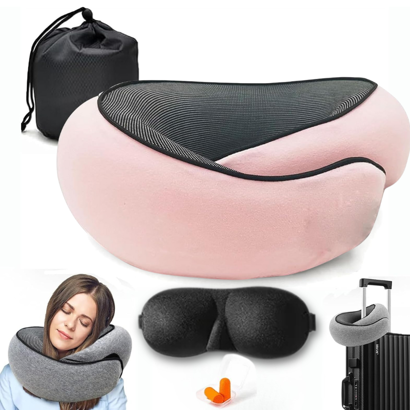 Perna de Calatorie pentru Gat, pentru Avion si Masina, din Spuma cu Memorie, Alunga Durerea Cervicala, Marime Ajustabila, 3 accesorii incluse, Sac de transport impermeabil, Dopuri de urechi, Masca de dormit, Velur/Bumbac