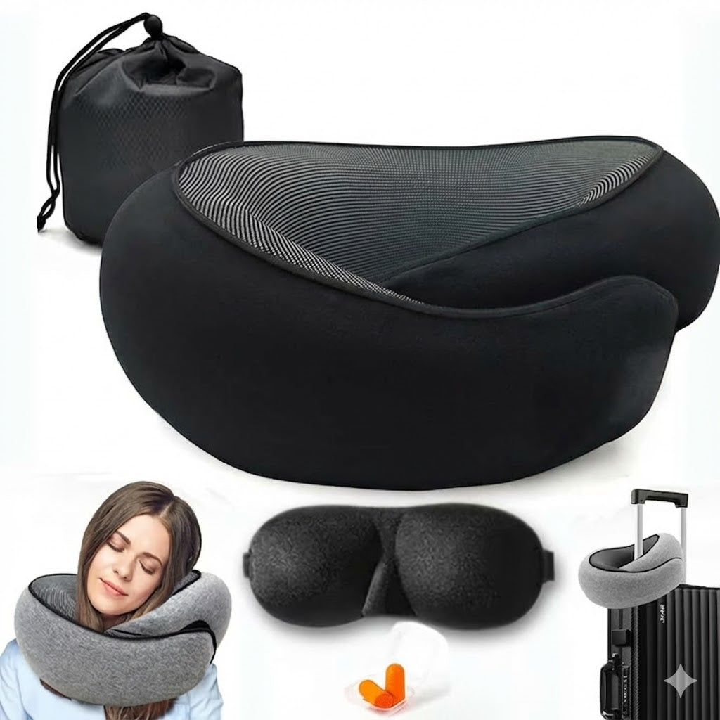 Perna de Calatorie pentru Gat, pentru Avion si Masina, din Spuma cu Memorie, Alunga Durerea Cervicala, Marime Ajustabila, 3 accesorii incluse, Sac de transport impermeabil, Dopuri de urechi, Masca de dormit, Velur/Bumbac