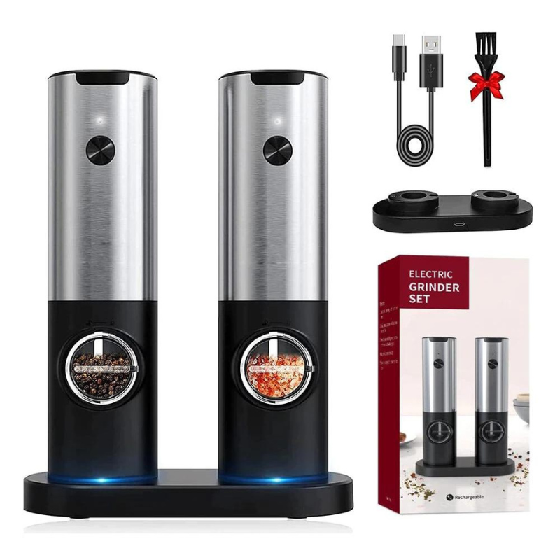 Set 2 Rasnite electrice sare piper si alte condimente, Capacitate 100g, Control finetea macinarii, Aluminiu, Stand incarcare, Lumina LED